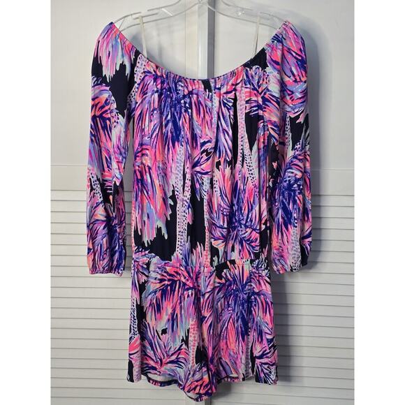 LILLY PULITZER Lana Off The Shoulder Romper In Bright Navy Palms Up Small Beach - Picture 2 of 6